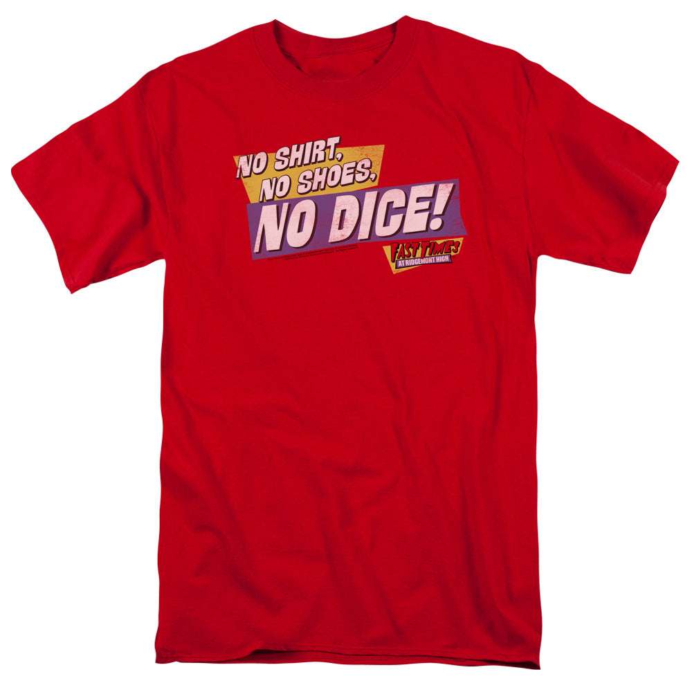 AN OFFCIALLY LICENSED FAST TIMES RIDGEMONT HIGH NO DICE MEN'S REGULAR FIT T-SHIRT RED