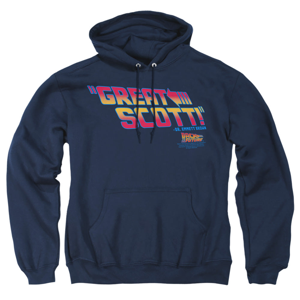 AN OFFCIALLY LICENSED BACK TO THE FUTURE GREAT SCOTT ADULT UNISEX PULLOVER HOODIE NAVY