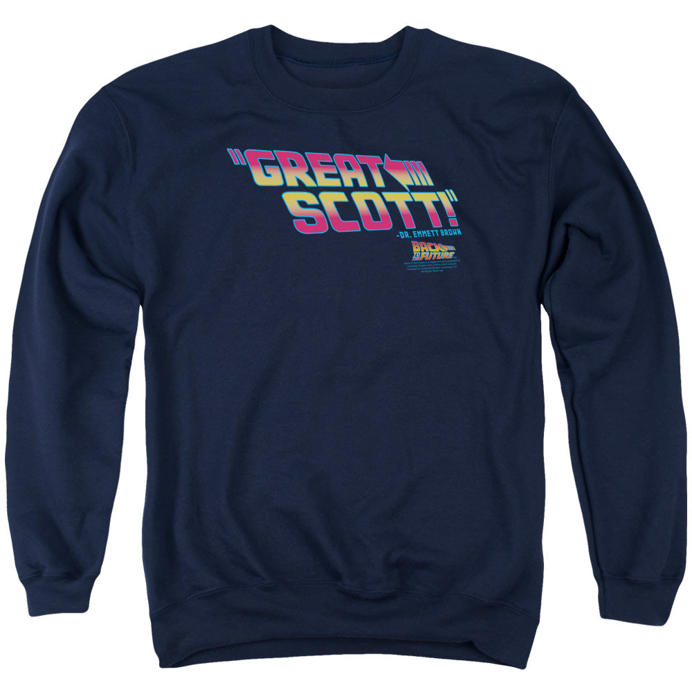 AN OFFCIALLY LICENSED BACK TO THE FUTURE GREAT SCOTT ADULT UNISEX CREWNECK SWEATSHIRT NAVY