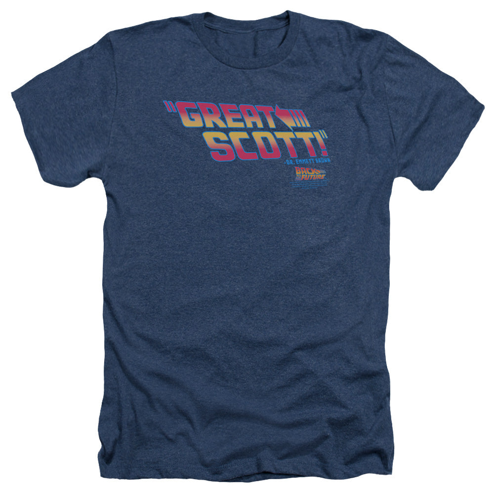 AN OFFCIALLY LICENSED BACK TO THE FUTURE GREAT SCOTT MEN'S HEATHER T-SHIRT NAVY