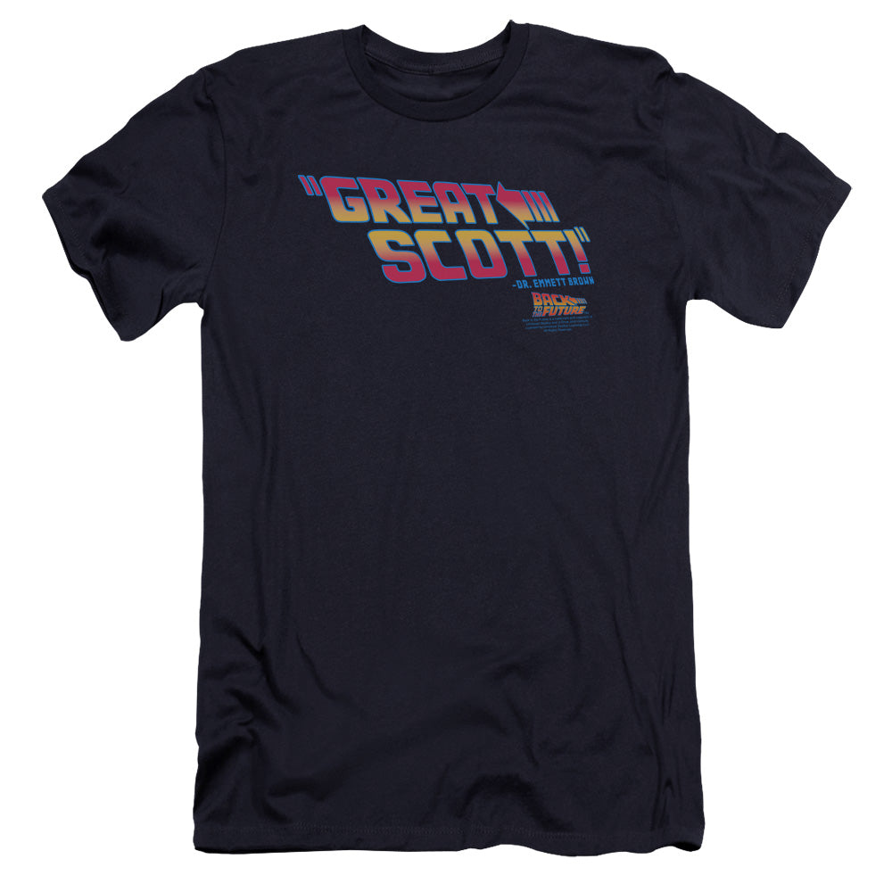 AN OFFCIALLY LICENSED BACK TO THE FUTURE GREAT SCOTT MEN'S PREMIUM SLIM FIT T-SHIRT NAVY