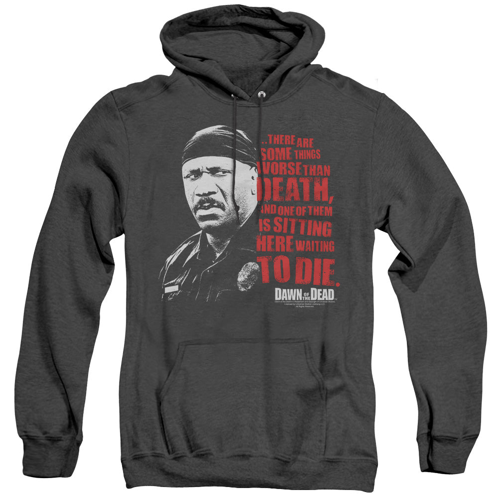 AN OFFCIALLY LICENSED DAWN OF THE DEAD WORSE THAN DEATH ADULT UNISEX HEATHER PULLOVER HOODIE BLACK