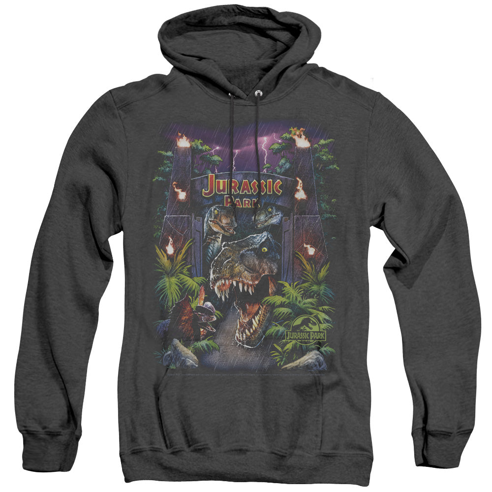 AN OFFCIALLY LICENSED JURASSIC PARK WELCOME TO THE PARK ADULT UNISEX HEATHER PULLOVER HOODIE BLACK