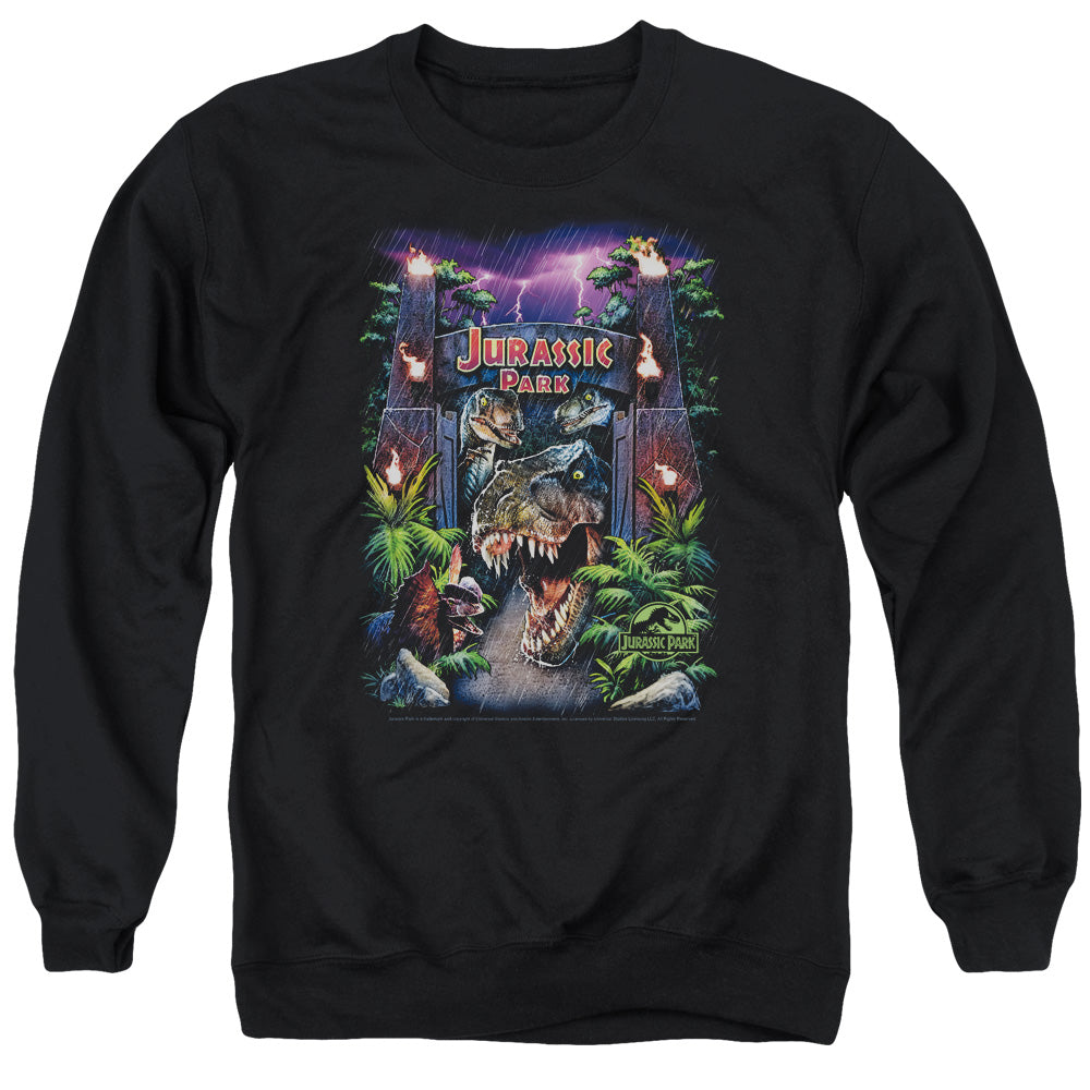 AN OFFCIALLY LICENSED JURASSIC PARK WELCOME TO THE PARK ADULT UNISEX CREWNECK SWEATSHIRT BLACK