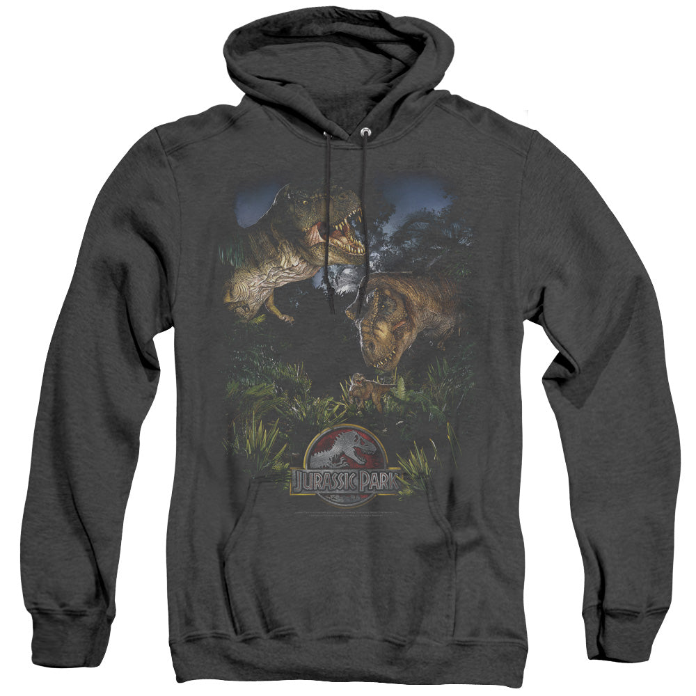 AN OFFCIALLY LICENSED JURASSIC PARK HAPPY FAMILY ADULT UNISEX HEATHER PULLOVER HOODIE BLACK