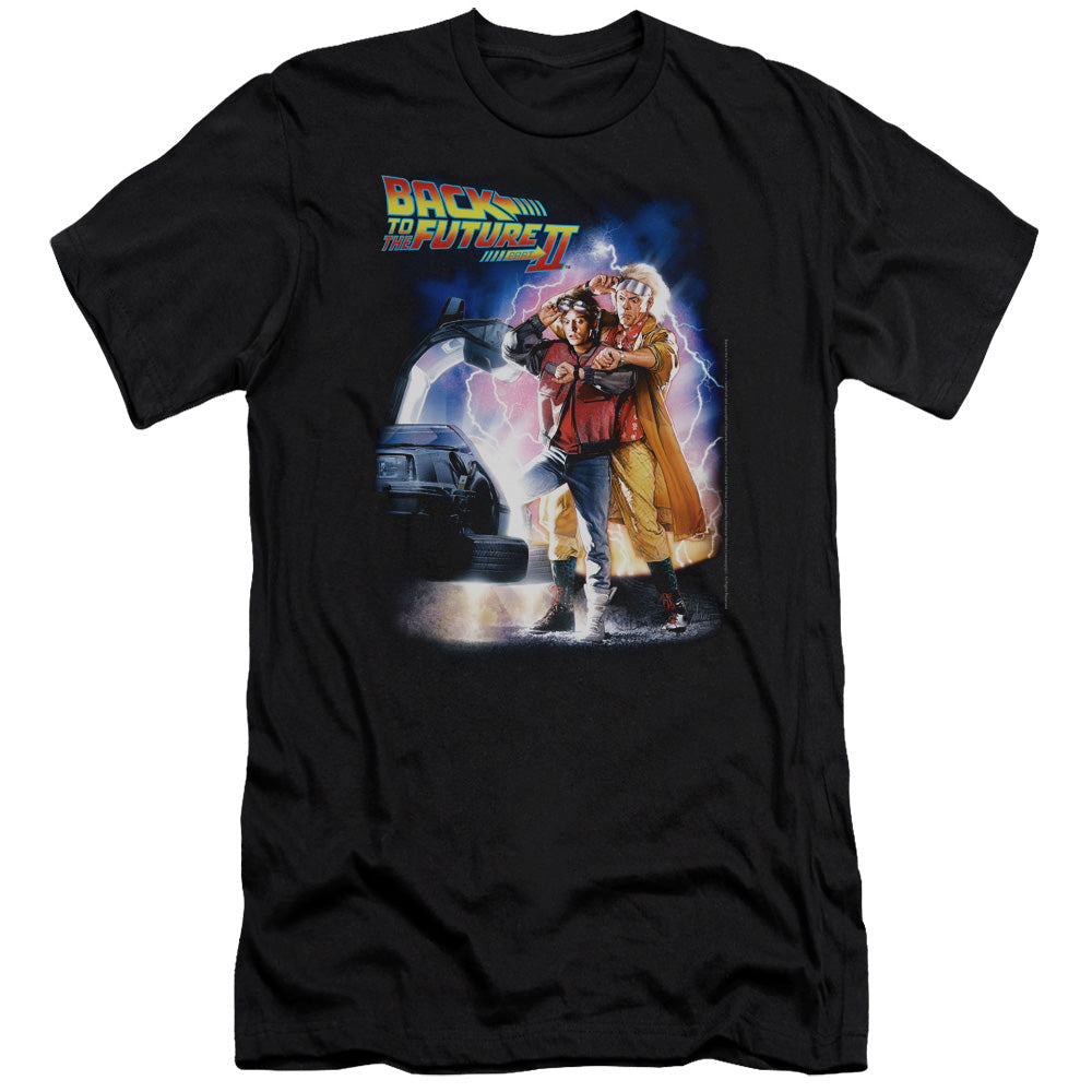 AN OFFCIALLY LICENSED BACK TO THE FUTURE II POSTER MEN'S PREMIUM SLIM FIT T-SHIRT BLACK