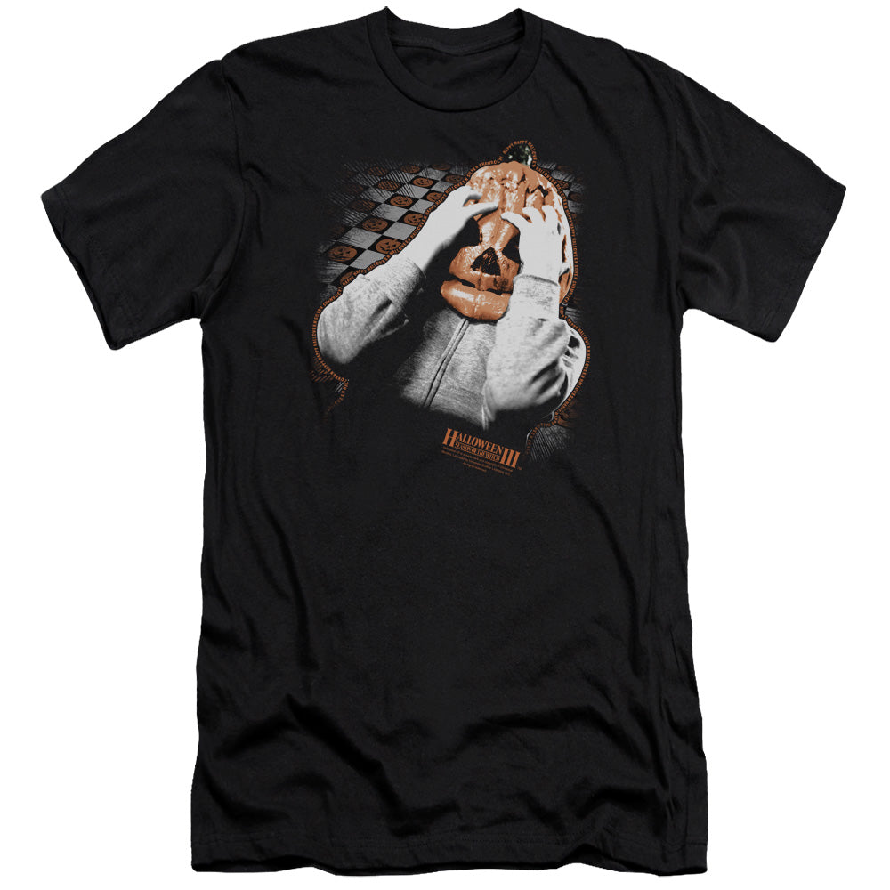 AN OFFCIALLY LICENSED HALLOWEEN III PUMPKIN MASK MEN'S PREMIUM SLIM FIT T-SHIRT BLACK