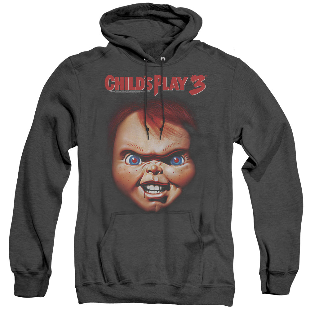 AN OFFCIALLY LICENSED CHILDS PLAY 3 CHUCKY ADULT UNISEX HEATHER PULLOVER HOODIE BLACK