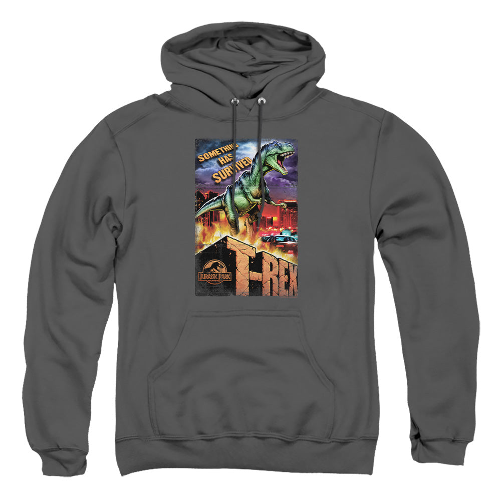 AN OFFCIALLY LICENSED JURASSIC PARK REX IN THE CITY ADULT UNISEX PULLOVER HOODIE CHARCOAL