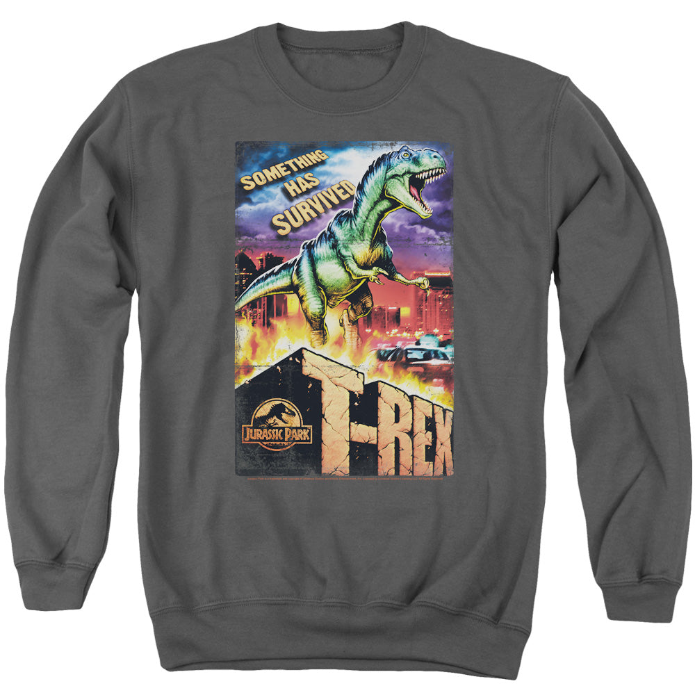 AN OFFCIALLY LICENSED JURASSIC PARK REX IN THE CITY ADULT UNISEX CREWNECK SWEATSHIRT CHARCOAL