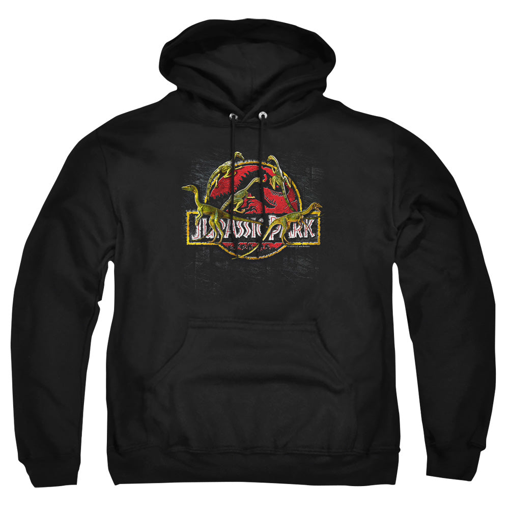 AN OFFCIALLY LICENSED JURASSIC PARK SOMETHING HAS SURVIVED ADULT UNISEX PULLOVER HOODIE BLACK