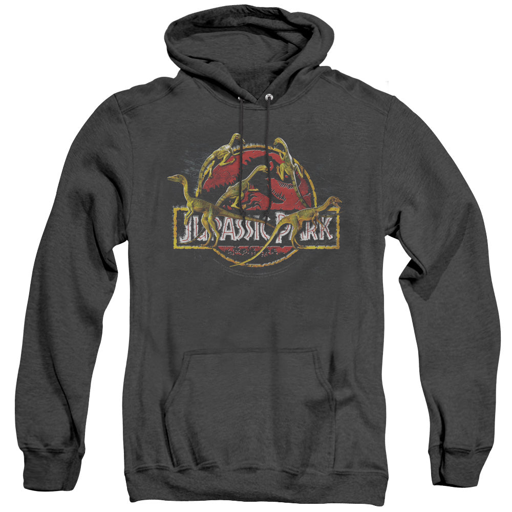AN OFFCIALLY LICENSED JURASSIC PARK SOMETHING HAS SURVIVED ADULT UNISEX HEATHER PULLOVER HOODIE BLACK