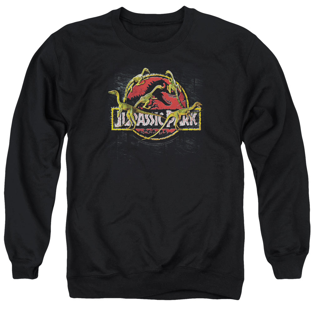 AN OFFCIALLY LICENSED JURASSIC PARK SOMETHING HAS SURVIVED ADULT UNISEX CREWNECK SWEATSHIRT BLACK