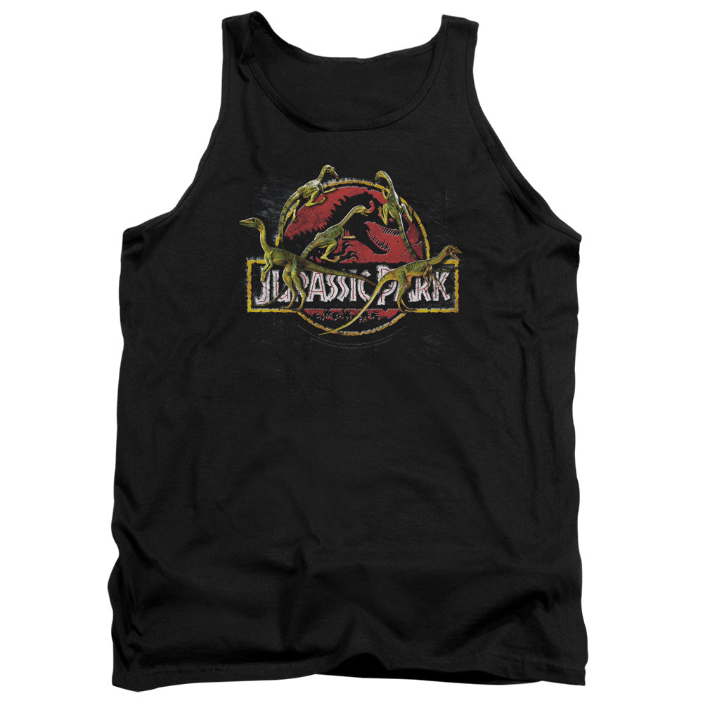 AN OFFCIALLY LICENSED JURASSIC PARK SOMETHING HAS SURVIVED ADULT UNISEX TANK TOP BLACK