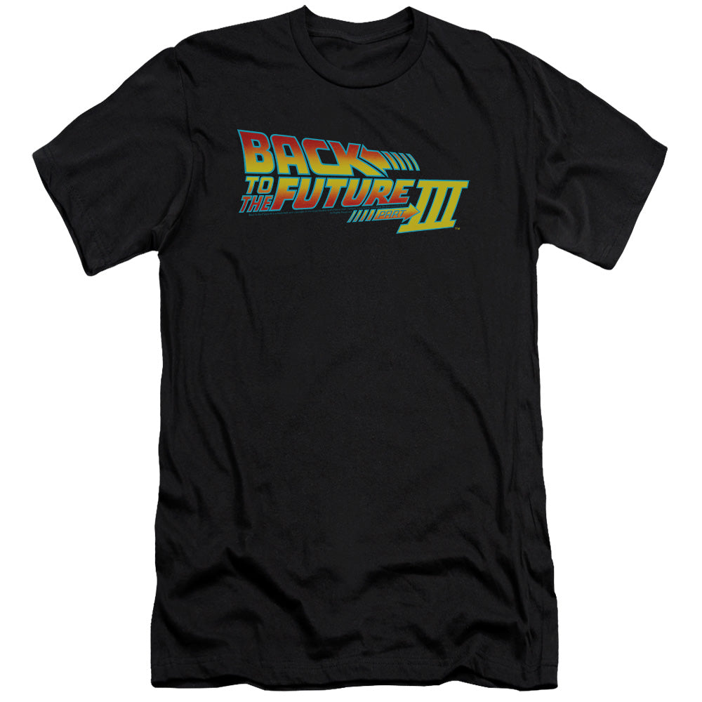 AN OFFCIALLY LICENSED BACK TO THE FUTURE III LOGO MEN'S PREMIUM SLIM FIT T-SHIRT BLACK