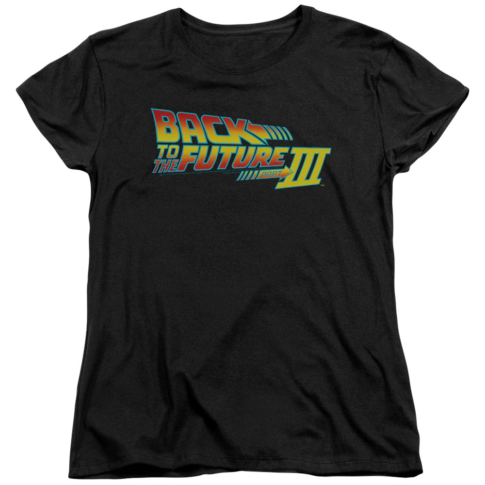 AN OFFCIALLY LICENSED BACK TO THE FUTURE III LOGO WOMEN'S REGULAR FIT T-SHIRT BLACK