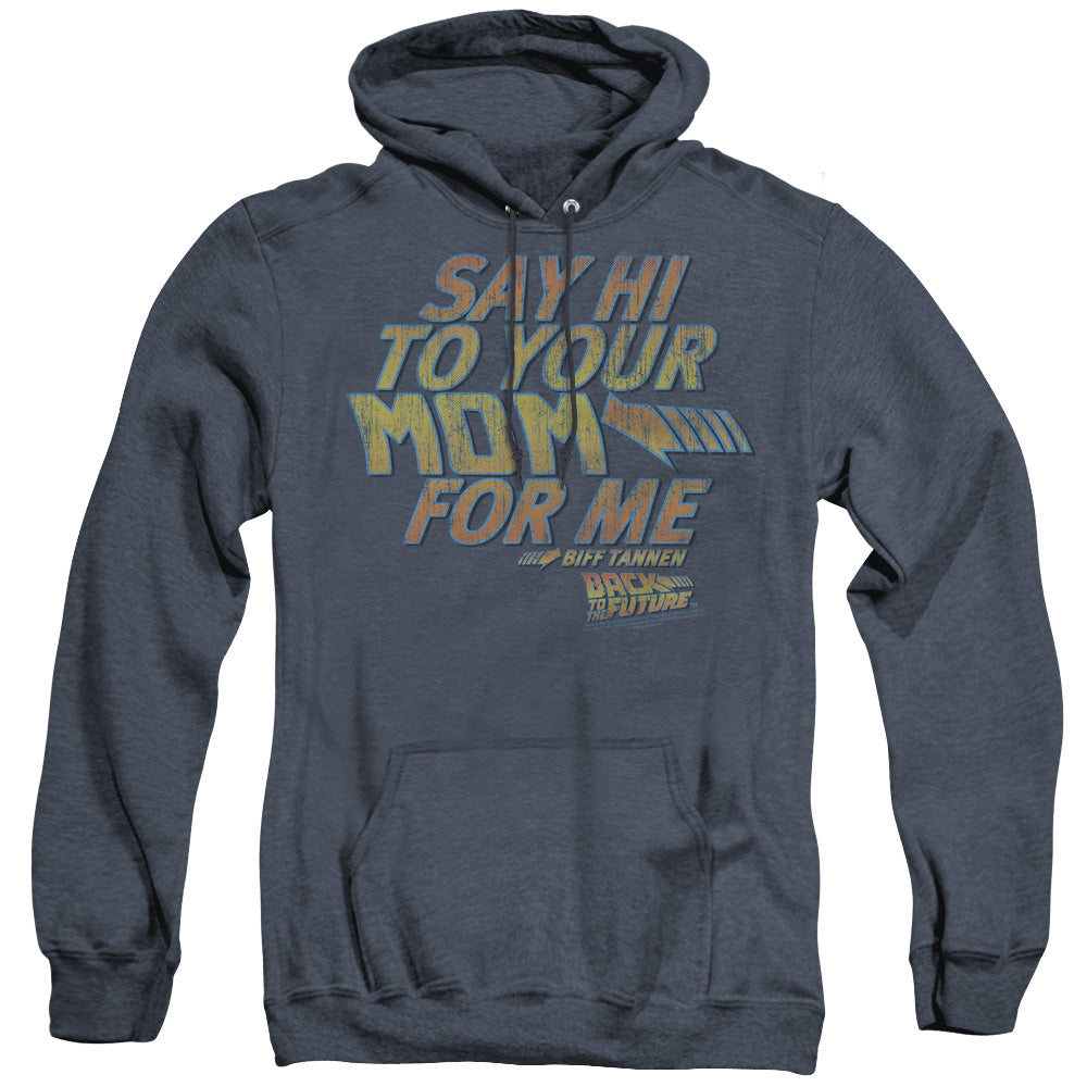 AN OFFCIALLY LICENSED BACK TO THE FUTURE SAY HI ADULT UNISEX HEATHER PULLOVER HOODIE NAVY