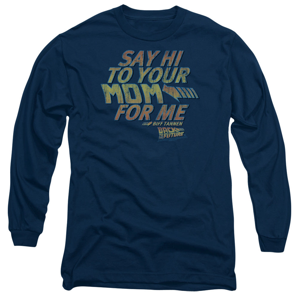 AN OFFCIALLY LICENSED BACK TO THE FUTURE SAY HI MEN'S LONG SLEEVE T-SHIRT NAVY