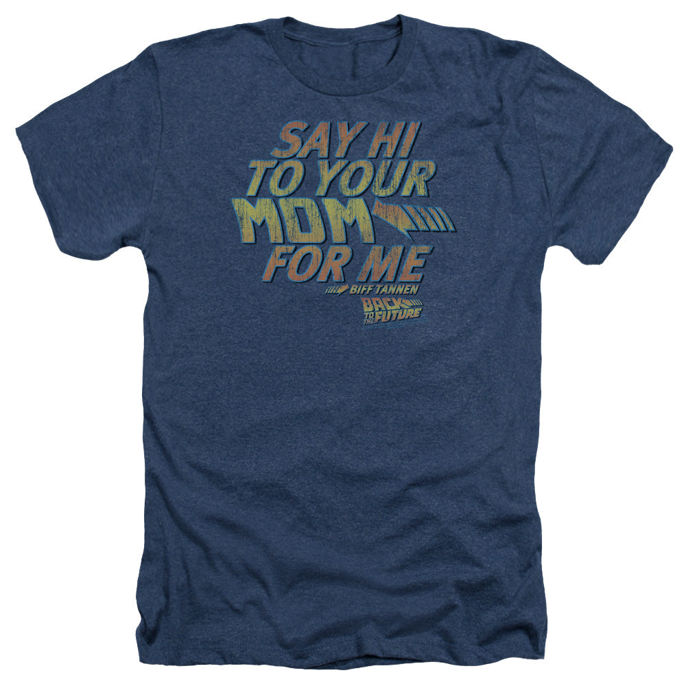 AN OFFCIALLY LICENSED BACK TO THE FUTURE SAY HI MEN'S HEATHER T-SHIRT NAVY