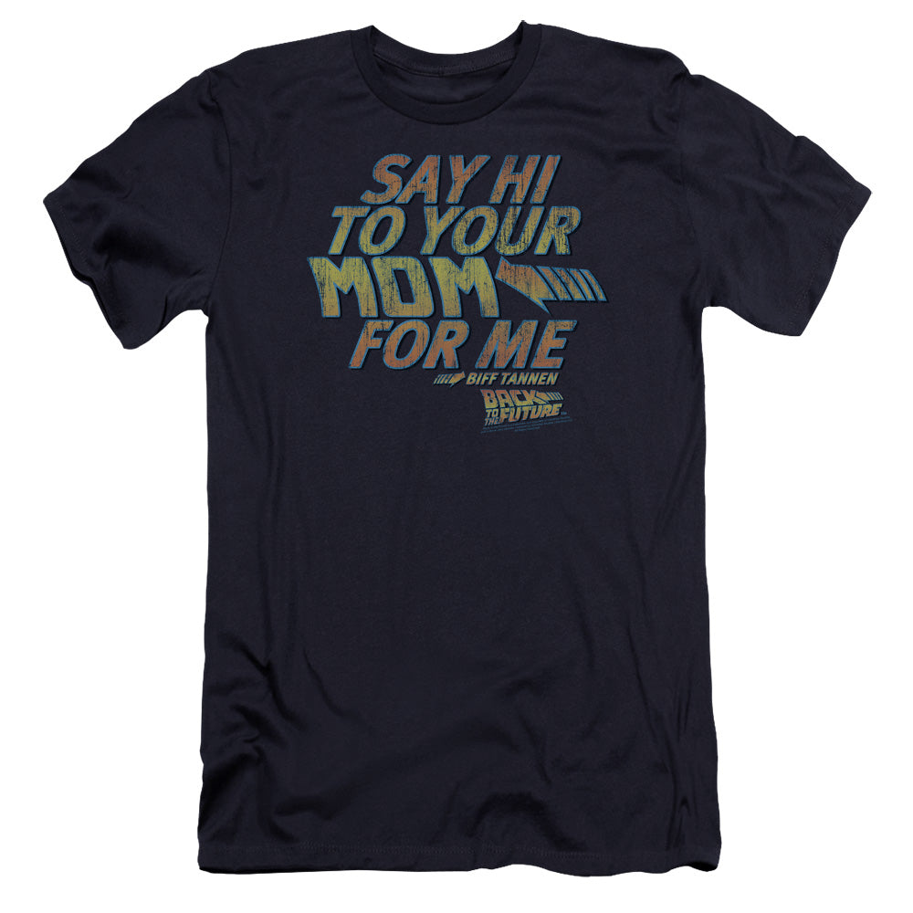 AN OFFCIALLY LICENSED BACK TO THE FUTURE SAY HI MEN'S PREMIUM SLIM FIT T-SHIRT NAVY