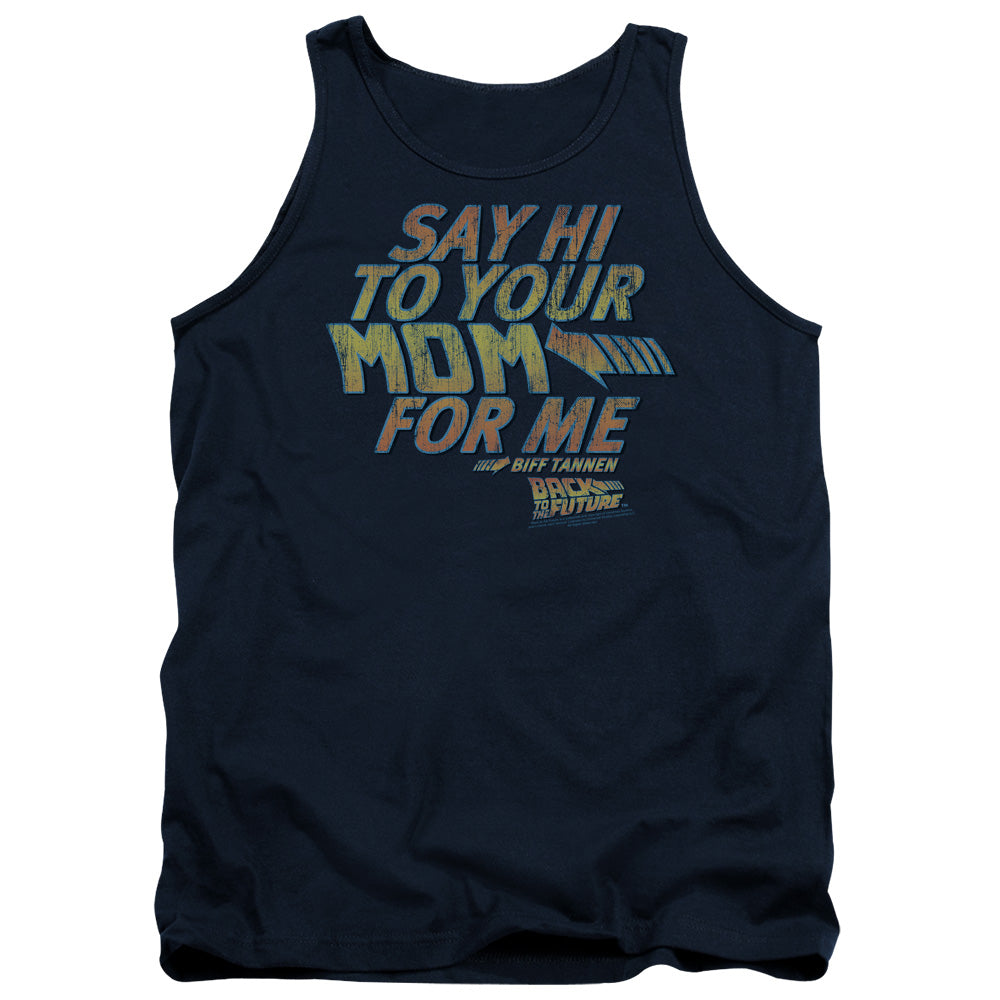 AN OFFCIALLY LICENSED BACK TO THE FUTURE SAY HI ADULT UNISEX TANK TOP NAVY