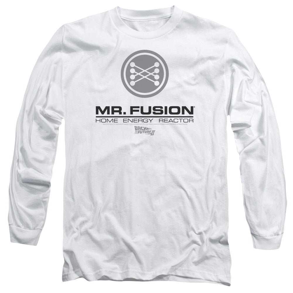 AN OFFCIALLY LICENSED BACK TO THE FUTURE II MR. FUSION LOGO MEN'S LONG SLEEVE T-SHIRT WHITE