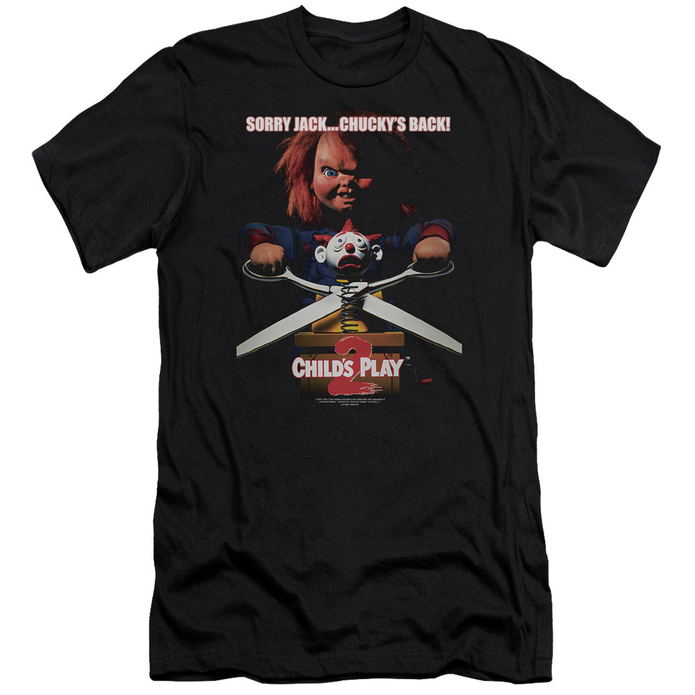 AN OFFCIALLY LICENSED CHILDS PLAY 2 CHUCKYS BACK MEN'S PREMIUM SLIM FIT T-SHIRT BLACK