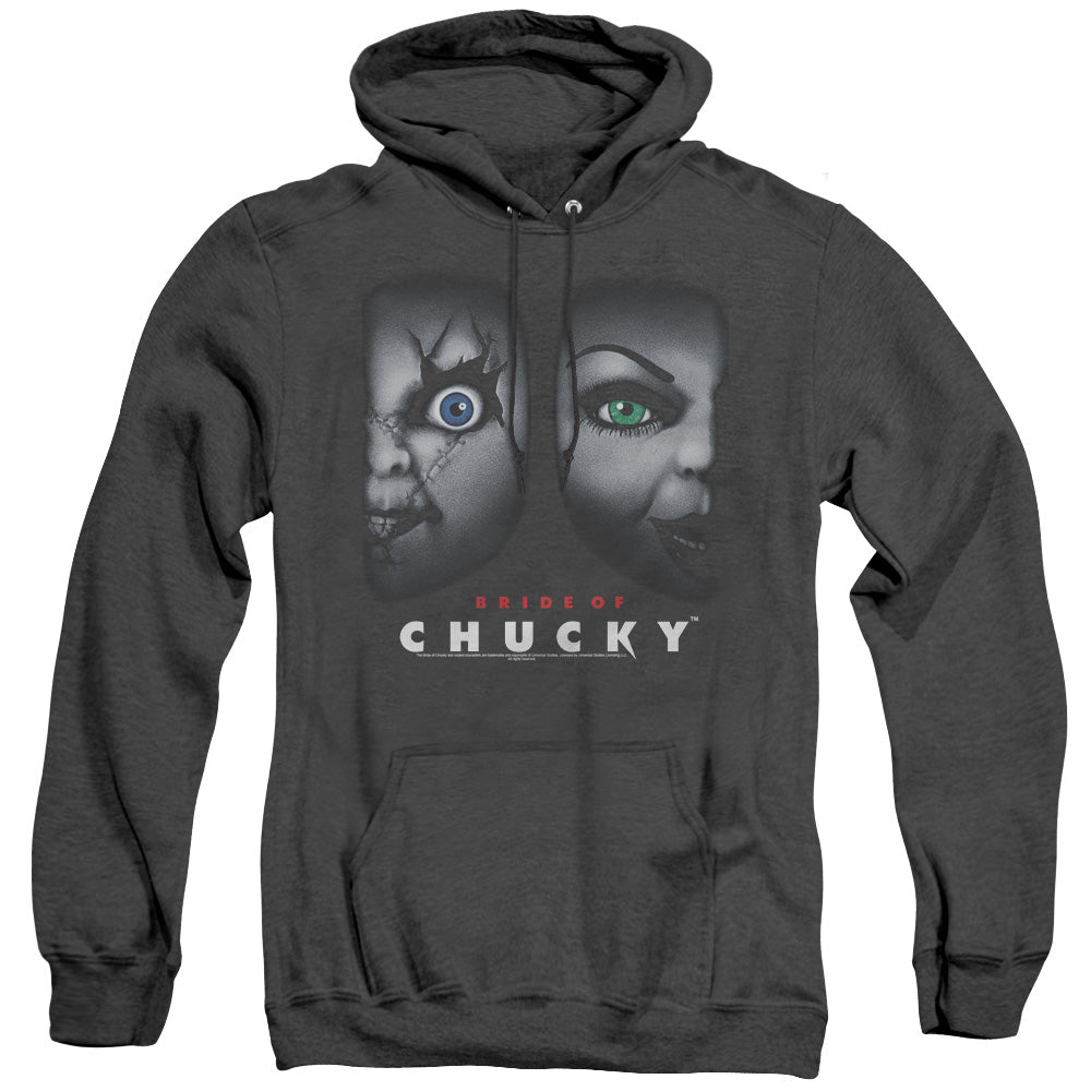 AN OFFCIALLY LICENSED BRIDE OF CHUCKY HAPPY COUPLE ADULT UNISEX HEATHER PULLOVER HOODIE BLACK