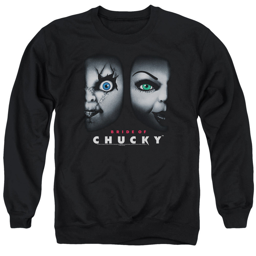 AN OFFCIALLY LICENSED BRIDE OF CHUCKY HAPPY COUPLE ADULT UNISEX CREWNECK SWEATSHIRT BLACK