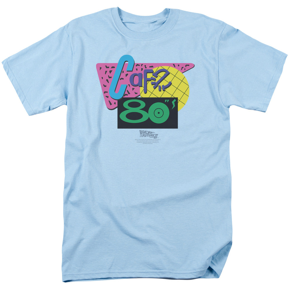 AN OFFCIALLY LICENSED BACK TO THE FUTURE II CAFE 80S MEN'S REGULAR FIT T-SHIRT LIGHT BLUE