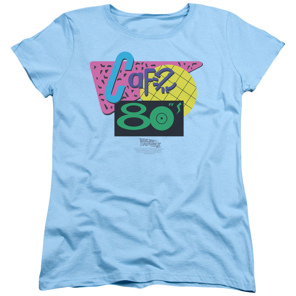 AN OFFCIALLY LICENSED BACK TO THE FUTURE II CAFE 80S WOMEN'S REGULAR FIT T-SHIRT LIGHT BLUE