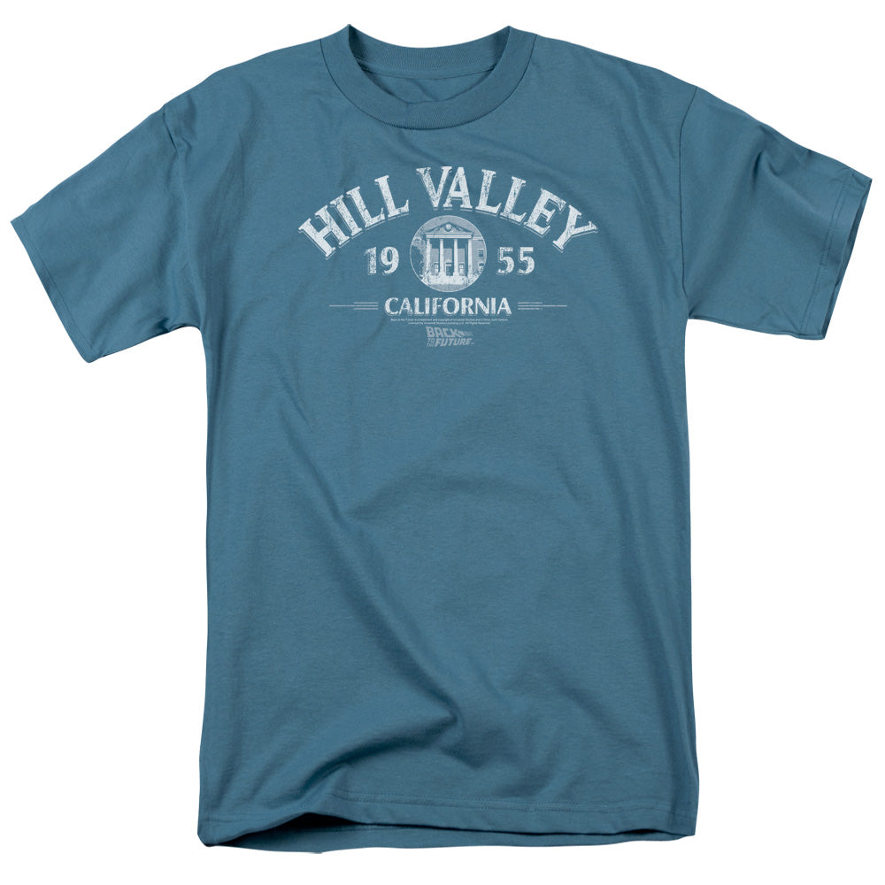 AN OFFCIALLY LICENSED BACK TO THE FUTURE HILL VALLEY 1955 MEN'S REGULAR FIT T-SHIRT SLATE