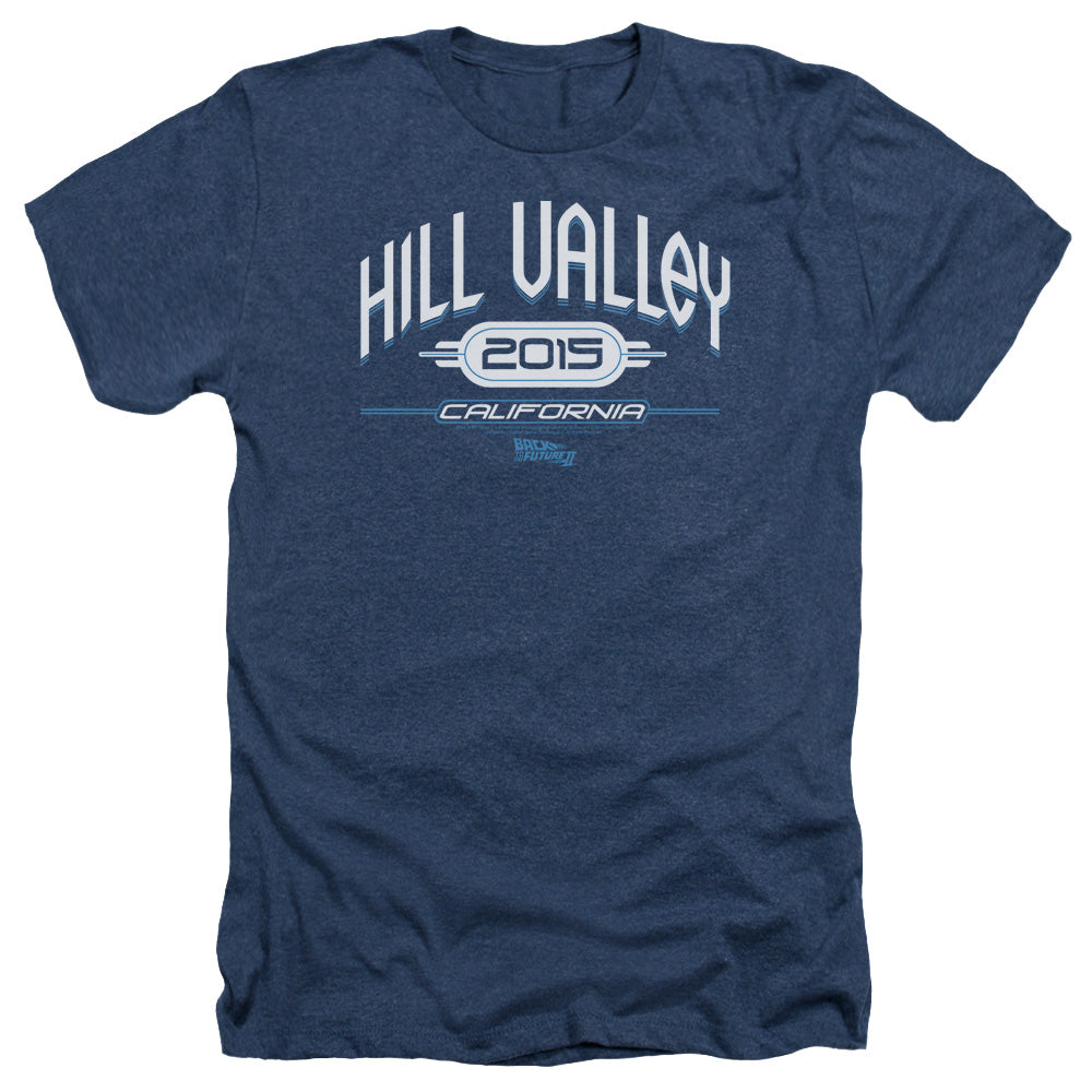 AN OFFCIALLY LICENSED BACK TO THE FUTURE II HILL VALLEY 2015 MEN'S HEATHER T-SHIRT NAVY