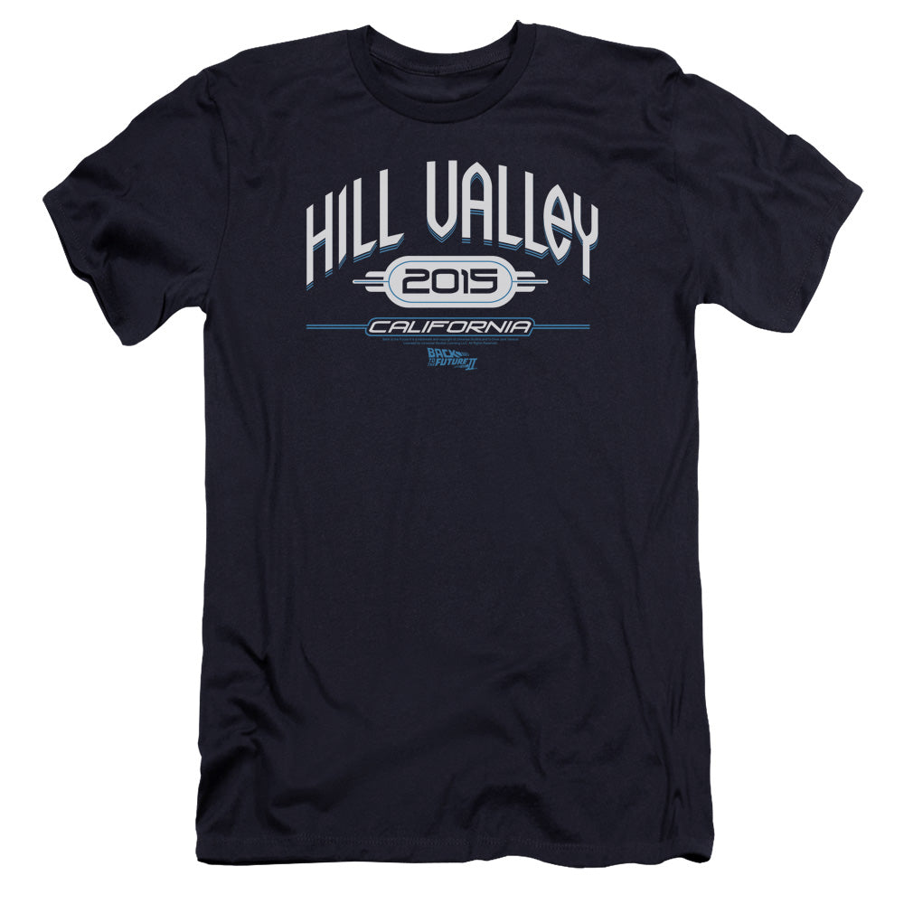 AN OFFCIALLY LICENSED BACK TO THE FUTURE II HILL VALLEY 2015 MEN'S PREMIUM SLIM FIT T-SHIRT NAVY