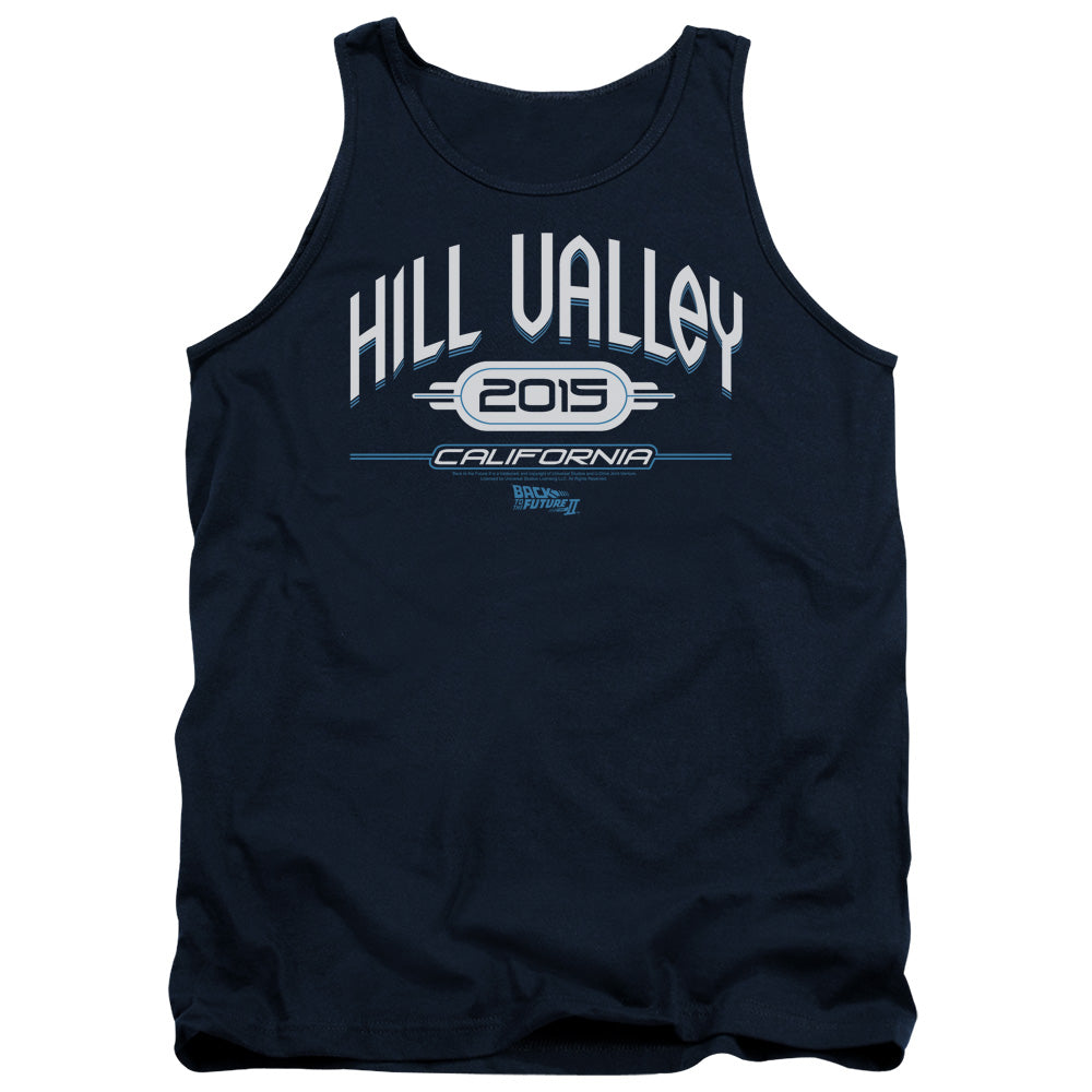 AN OFFCIALLY LICENSED BACK TO THE FUTURE II HILL VALLEY 2015 ADULT UNISEX TANK TOP NAVY