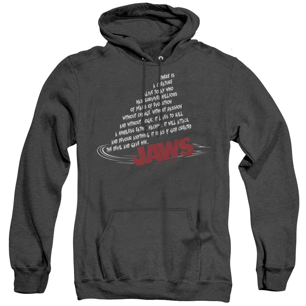 AN OFFCIALLY LICENSED JAWS DORSAL TEXT ADULT UNISEX HEATHER PULLOVER HOODIE BLACK