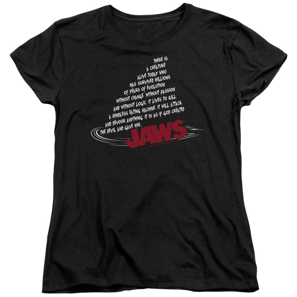 AN OFFCIALLY LICENSED JAWS DORSAL TEXT WOMEN'S REGULAR FIT T-SHIRT BLACK