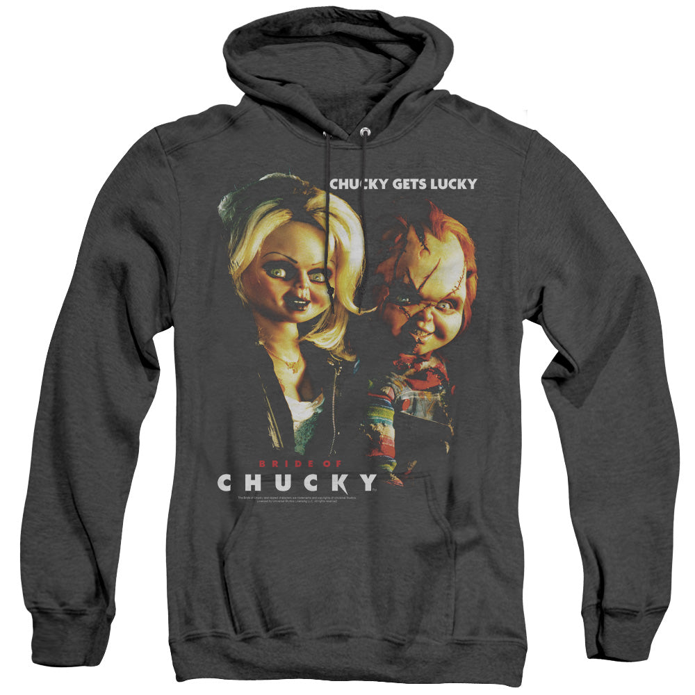 AN OFFCIALLY LICENSED BRIDE OF CHUCKY CHUCKY GETS LUCKY ADULT UNISEX HEATHER PULLOVER HOODIE BLACK