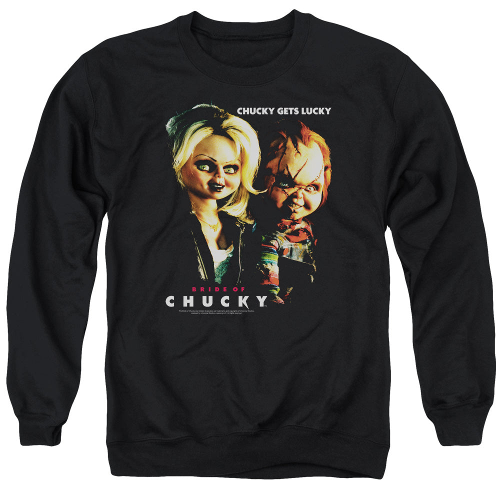 AN OFFCIALLY LICENSED BRIDE OF CHUCKY CHUCKY GETS LUCKY ADULT UNISEX CREWNECK SWEATSHIRT BLACK