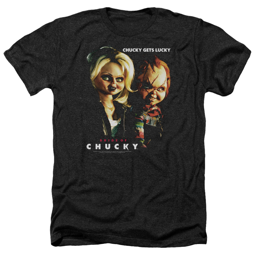 AN OFFCIALLY LICENSED BRIDE OF CHUCKY CHUCKY GETS LUCKY MEN'S HEATHER T-SHIRT CHARCOAL
