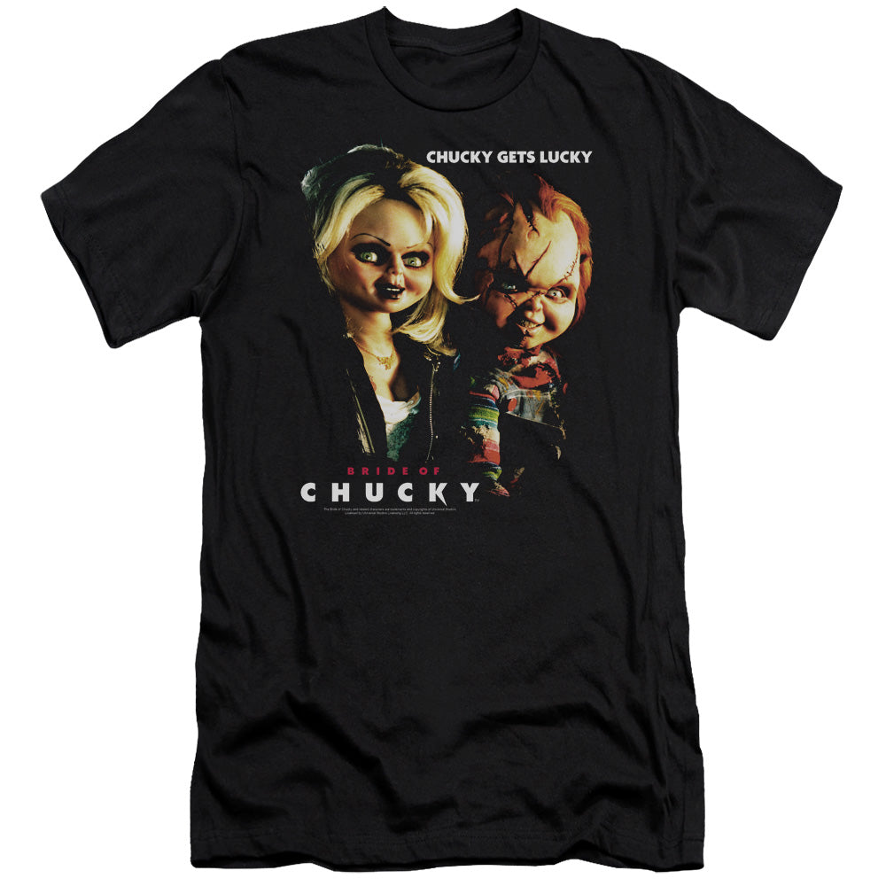 AN OFFCIALLY LICENSED BRIDE OF CHUCKY CHUCKY GETS LUCKY MEN'S PREMIUM SLIM FIT T-SHIRT BLACK