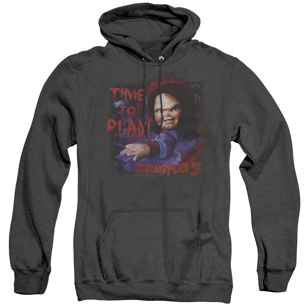 AN OFFCIALLY LICENSED CHILDS PLAY 3 TIME TO PLAY ADULT UNISEX HEATHER PULLOVER HOODIE BLACK