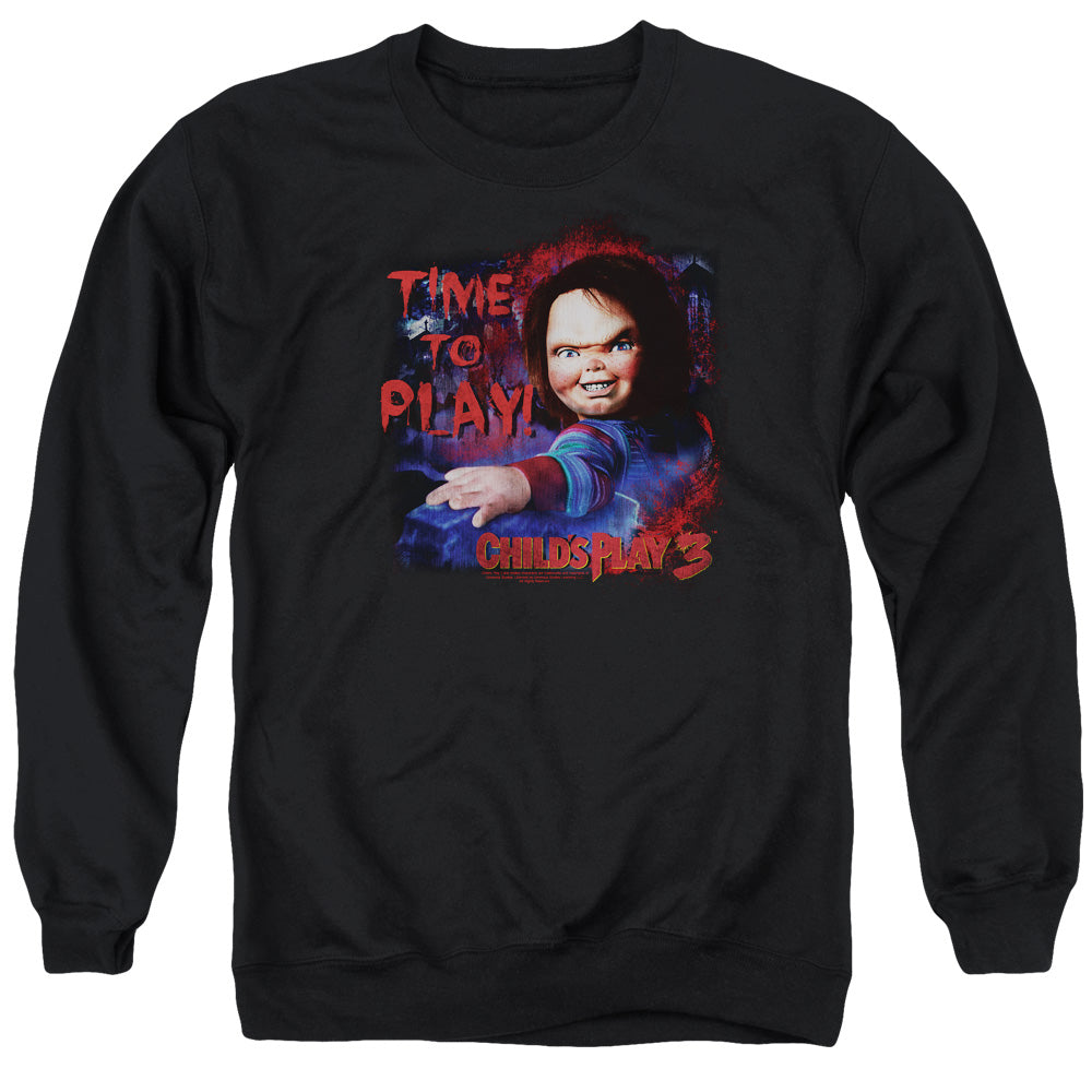 AN OFFCIALLY LICENSED CHILDS PLAY 3 TIME TO PLAY ADULT UNISEX CREWNECK SWEATSHIRT BLACK