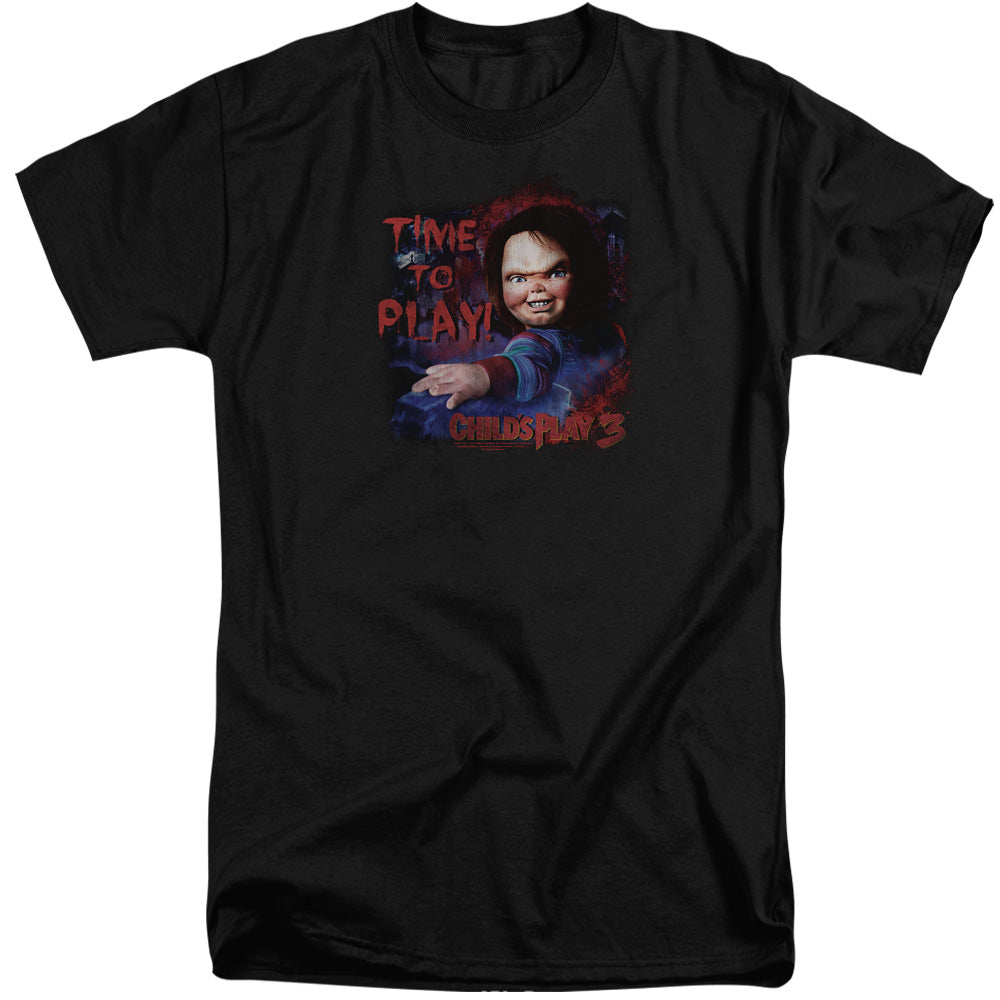 AN OFFCIALLY LICENSED CHILDS PLAY 3 TIME TO PLAY MEN'S TALL FIT T-SHIRT BLACK