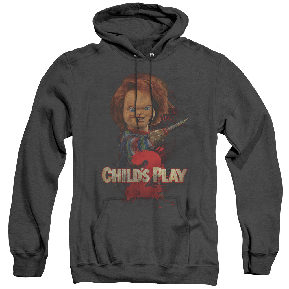AN OFFCIALLY LICENSED CHILDS PLAY 2 HERES CHUCKY ADULT UNISEX HEATHER PULLOVER HOODIE BLACK