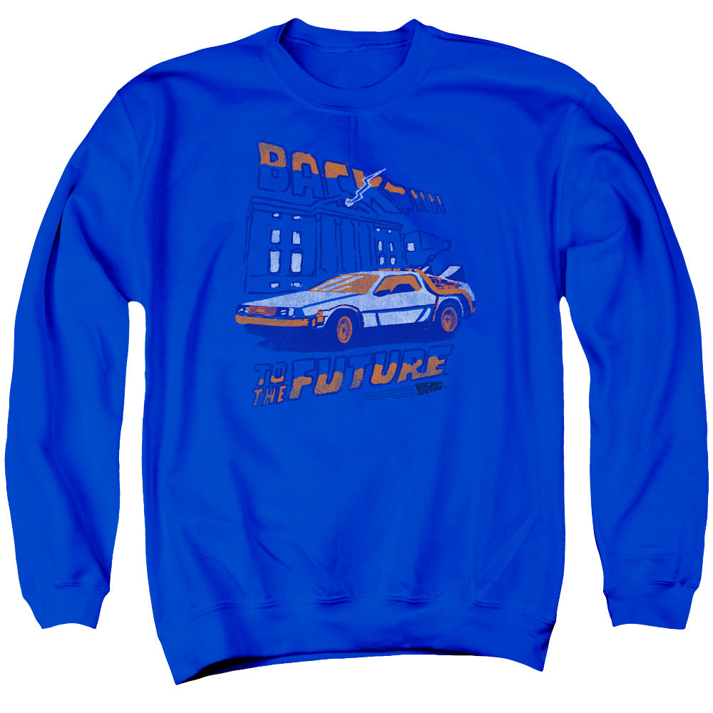 AN OFFCIALLY LICENSED BACK TO THE FUTURE LIGHTNING STRIKES ADULT UNISEX CREWNECK SWEATSHIRT ROYAL