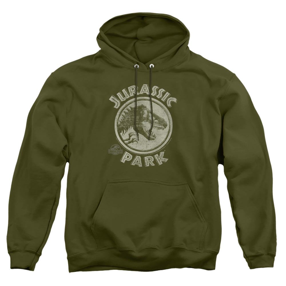 AN OFFCIALLY LICENSED JURASSIC PARK JP STAMP ADULT UNISEX PULLOVER HOODIE MILITARY GREEN