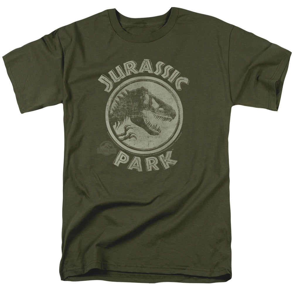 AN OFFCIALLY LICENSED JURASSIC PARK JP STAMP MEN'S REGULAR FIT T-SHIRT MILITARY GREEN