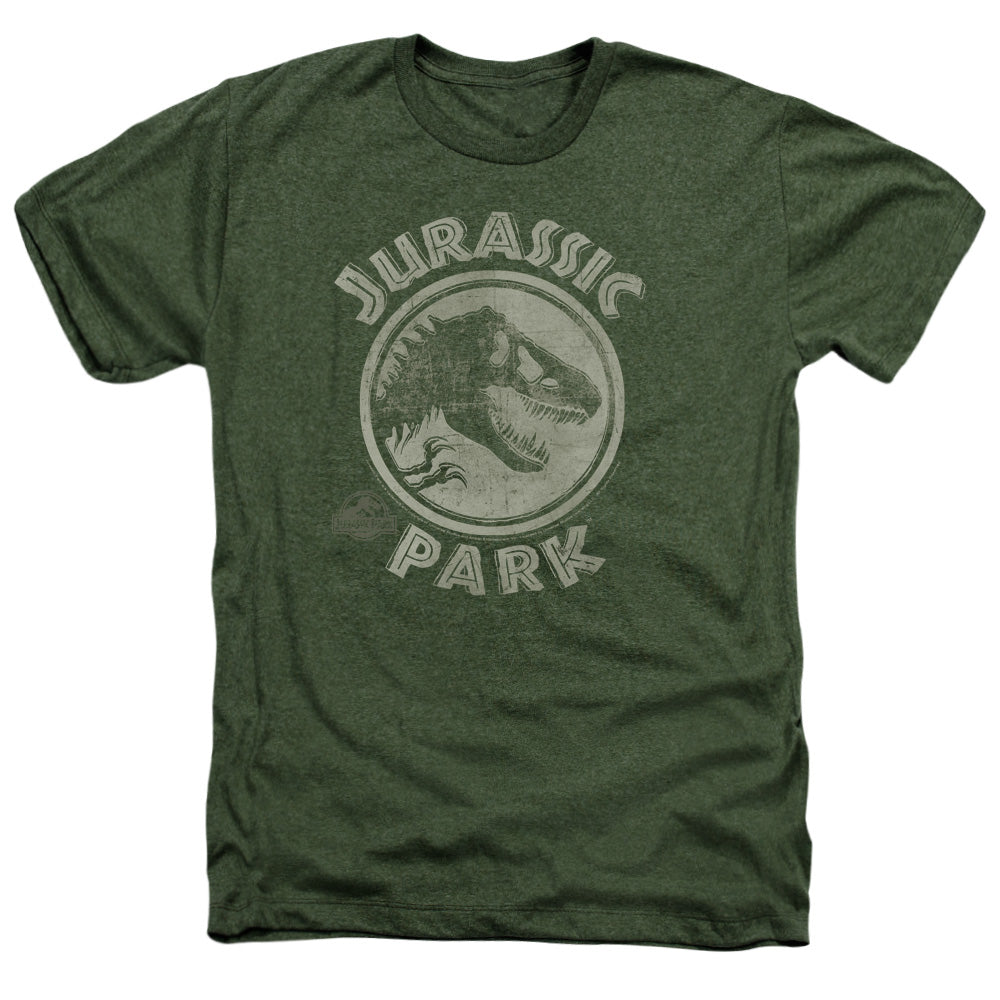 AN OFFCIALLY LICENSED JURASSIC PARK JP STAMP MEN'S HEATHER T-SHIRT MILITARY GREEN