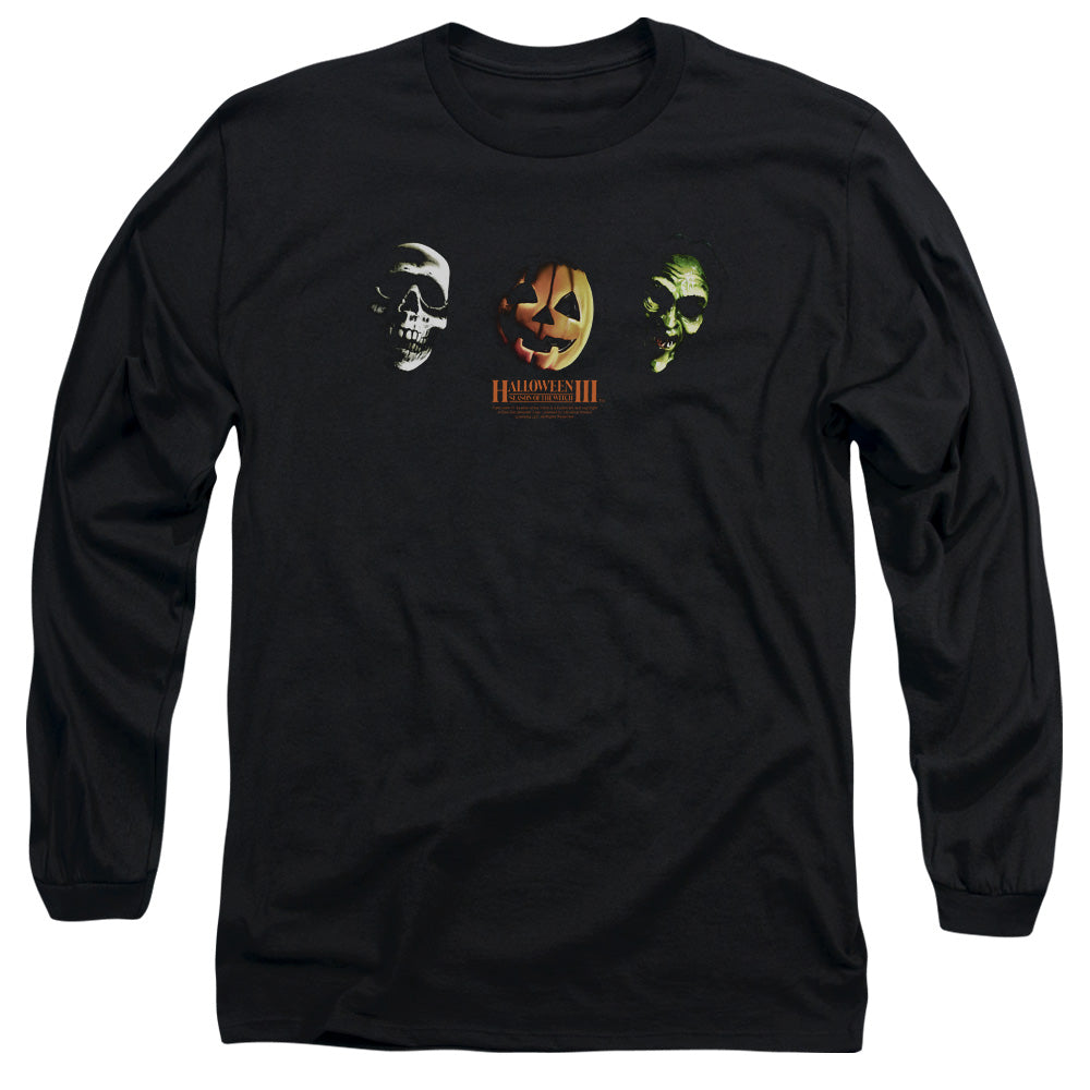 AN OFFCIALLY LICENSED HALLOWEEN III THREE MASKS MEN'S LONG SLEEVE T-SHIRT BLACK
